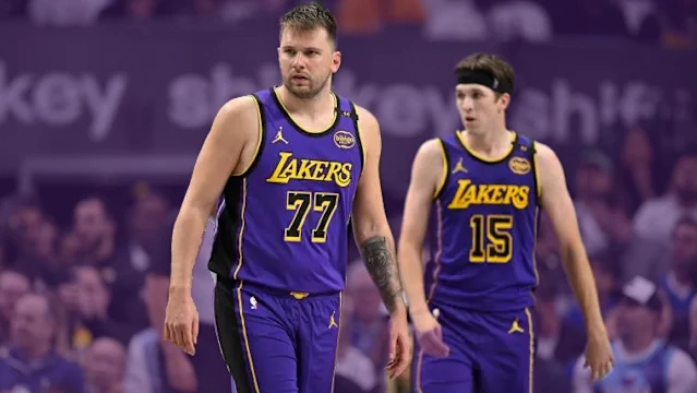 Los Angeles Lakers projected starting lineup for the 2025-26 NBA season with LeBron James, Luka Dončić, DeAndre Ayton, Marcus Smart, and Rui Hachimura.