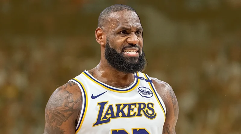LeBron James in a Lakers uniform with Stephen Curry in the background amid trade rumors