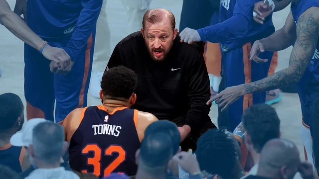 Karl-Anthony Towns in a New York Knicks uniform during the 2025 NBA Playoffs
