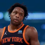 “OG Anunoby guarding multiple positions for the New York Knicks, recognized as the NBA’s most versatile defender.”