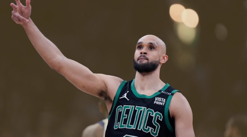 “Boston Celtics guard Derrick White lining up a three-point shot during a home game.”