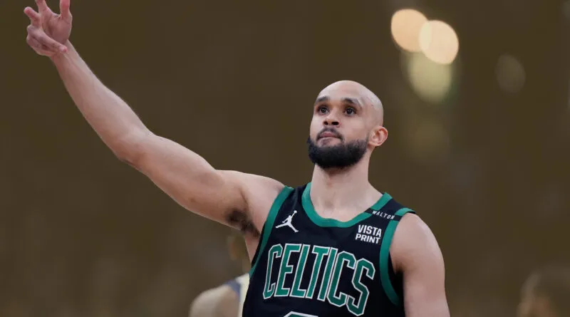 “Boston Celtics guard Derrick White lining up a three-point shot during a home game.”